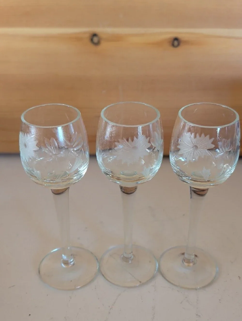 VTG. Etched Floral Cordial Goblet Glasses - Clear (Set of 3)